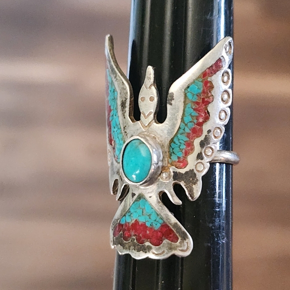 Sterling Silver Native American Turquoise Red Inlay Bird Ring Sz 8 Women Jewelry - Picture 5 of 7